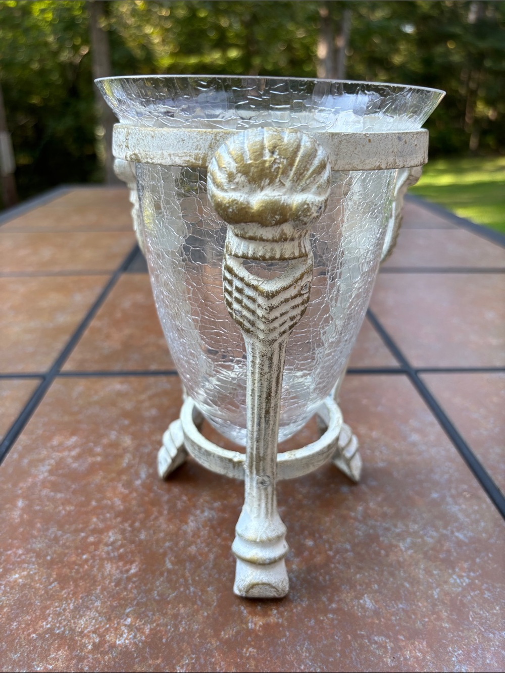 Decorative Clear Crackle Glass Vase/Candle Holder Distressed White Metal Stand - Picture 3 of 8